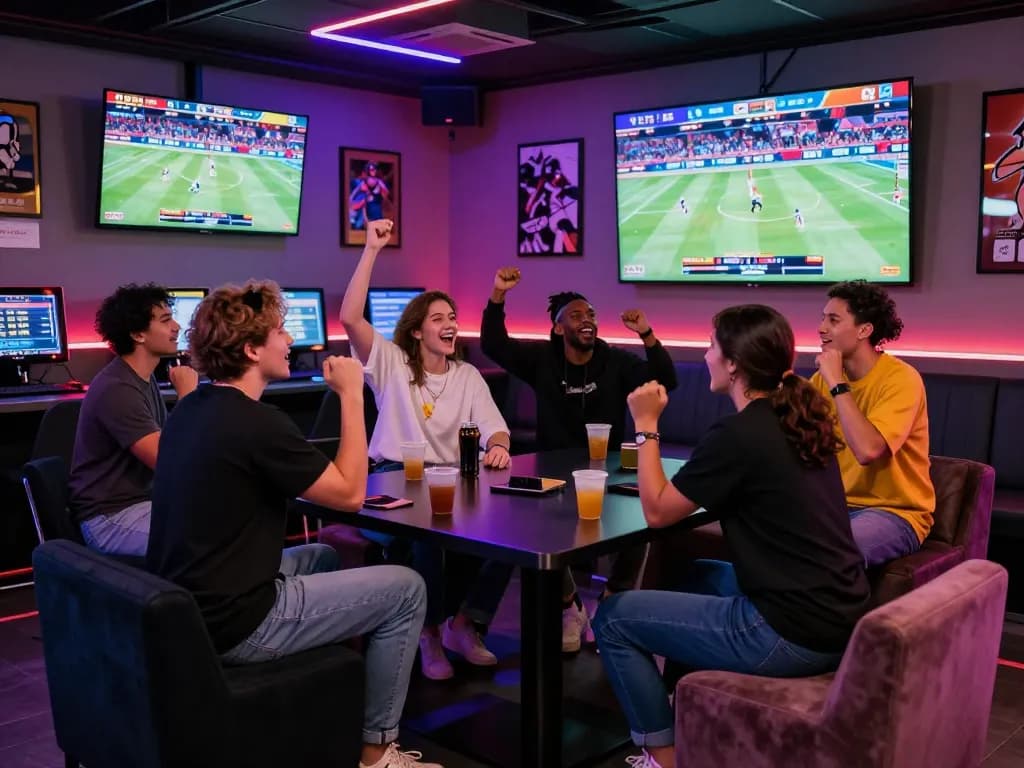 Exciting scene of friends enjoying live sports betting at five88 lounge, vibrant neon lights and digital displays.