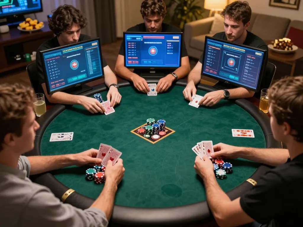 Players engaging in an online poker game, showcasing ALO8 strategies in an inviting home setting.