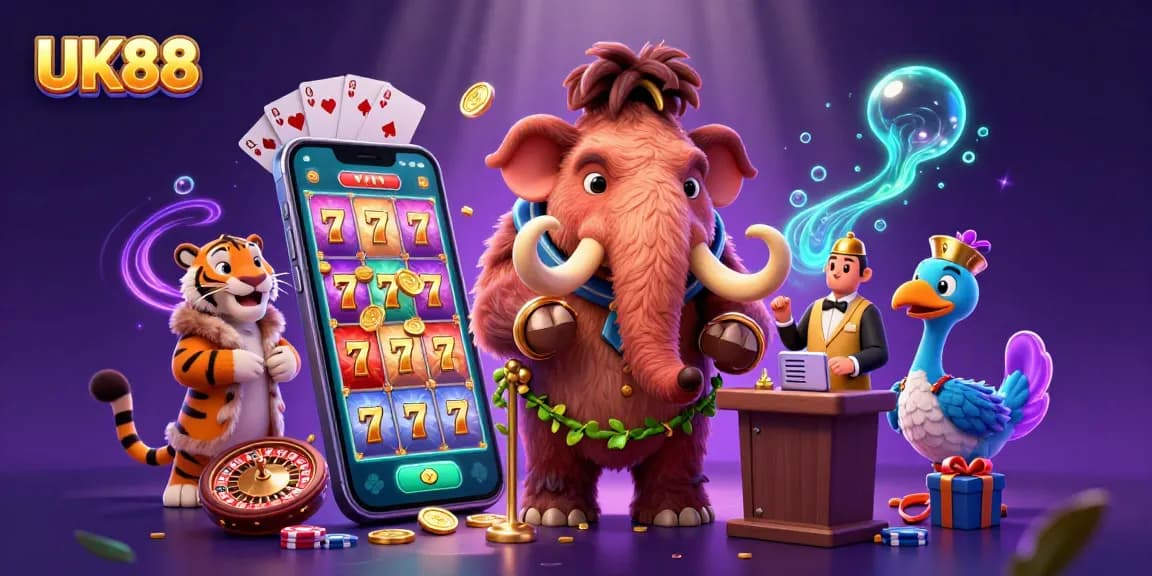 Engage with UK88's vibrant casino scene featuring a woolly mammoth, saber-tooth tiger, and dodo bird.