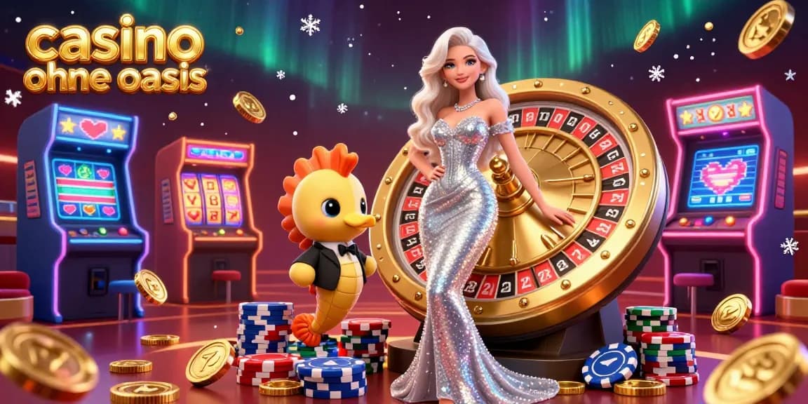 Experience casino ohne oasis with a stunning woman by a golden roulette wheel and playful seahorse, immersed in vibrant gaming elements.