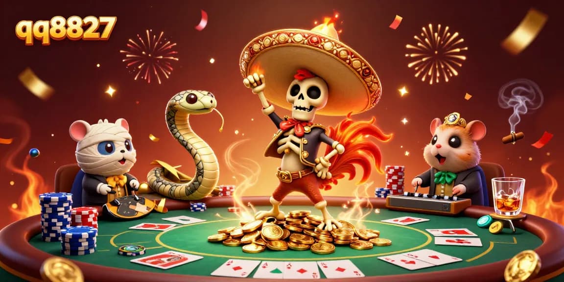 Experience the excitement of qq8827 with a vibrant illustration of casino characters celebrating winnings.
