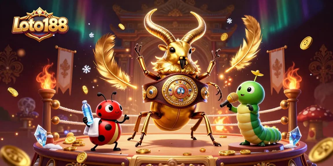 Loto188 presents an energetic gaming showdown with a golden stag beetle boxing champion, ladybug corner-man, and caterpillar announcer