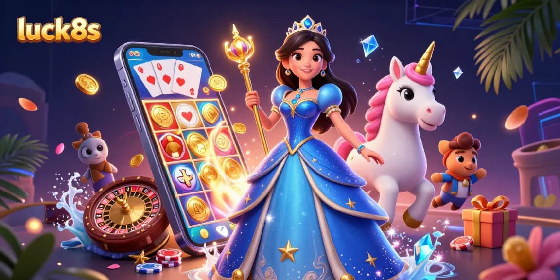 Spin the reels at luck8s with exciting games and treasures flowing from every corner in this immersive casino scene.