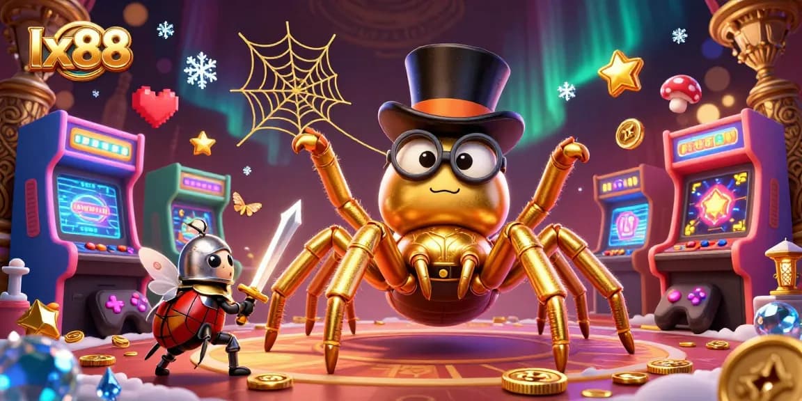 Experience thrilling gameplay at lx88 with a giant tarantula and a beetle knight in a vibrant casino scene.