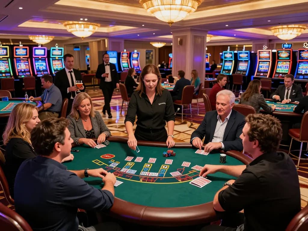 NoHu blackjack excitement with players placing bets, vibrant casino atmosphere, thrilling gameplay.