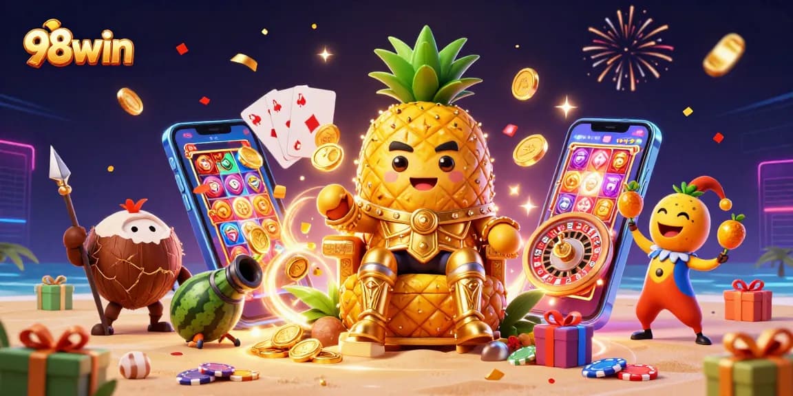 Engage in thrilling bets and colorful games at 98win with a lively illustration of casino characters and elements.