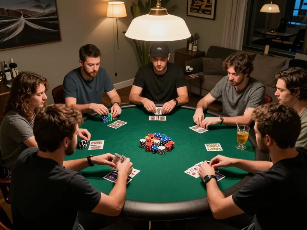Engaged players at a home poker game strategizing win with slot gacor, lively social atmosphere filled with snacks and drinks.