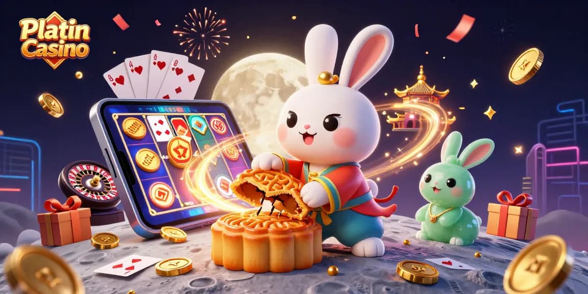 Experience Platin Casino's excitement as a moon rabbit reveals poker chips from golden mooncakes.