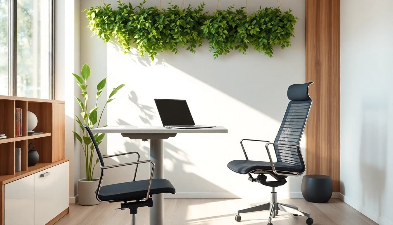 Moderne Büromöbel in einem ergonomischen Büro mit natürlichem Licht und stilvollen Pflanzen.
