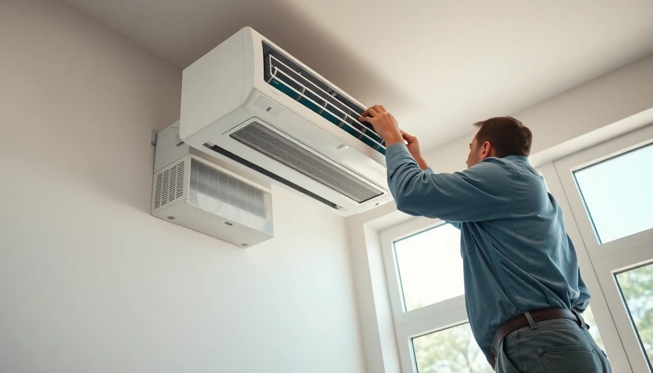 Klimaanlagen installieren lassen von einem Fachmann in einem hellen, modernen Wohnraum.