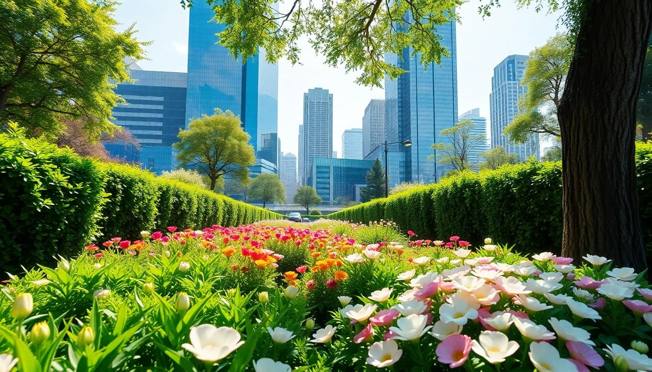 Gartenbau München mit lebendigen Blumenbeeten und modernem urbanen Hintergrund.