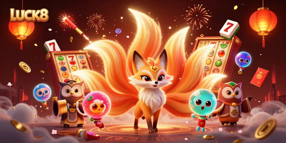 Experience the thrilling energy of LUCK8 with vibrant spirits and exciting game elements in a colorful casino scene.