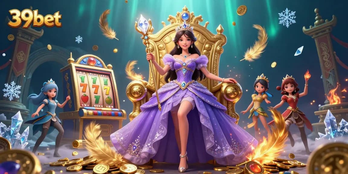 Experience thrilling wins at 39bet, illustrated with vibrant casino elements and a majestic princess in an enchanting scene.
