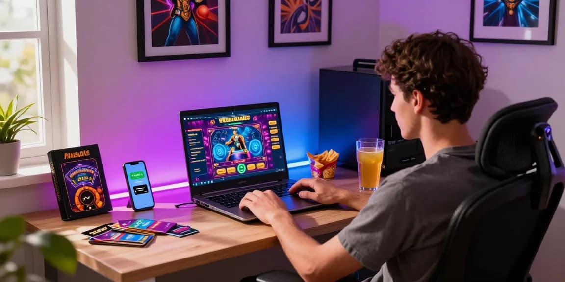 Paysafe Card Casino Spielszenen mit einem Spieler am Tisch mit Laptop und Paysafe-App