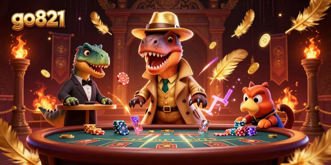 Go821 gaming action showcases a velociraptor card counter stealing chips at a lively casino.