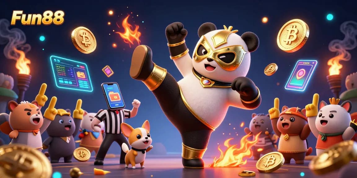 Fun88 engaging in thrilling gambling action with a panda wrestler, lit by neon digital elements.