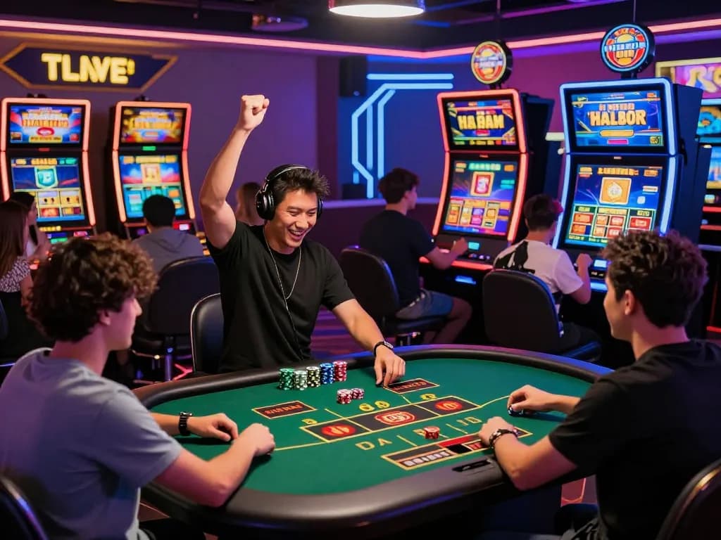 Engaging luck8 online gaming scene with diverse players enjoying various casino games in a vibrant digital environment.