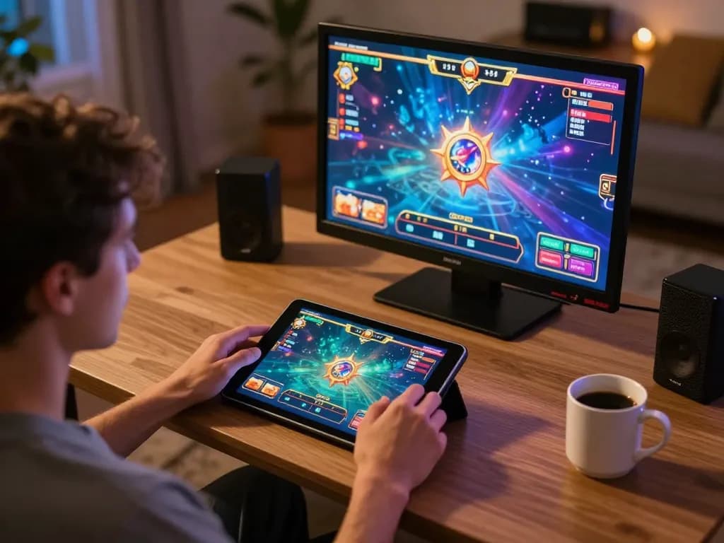 Player enjoying RR88 online casino gaming on a tablet, showcasing strategic gameplay and vibrant graphics.