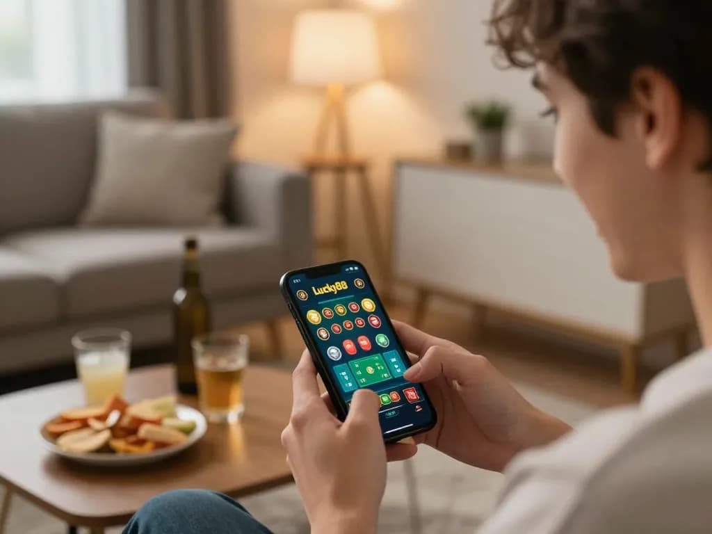 Engaging with the Lucky88 casino app on a smartphone in a cozy setting, illustrating online gambling excitement.
