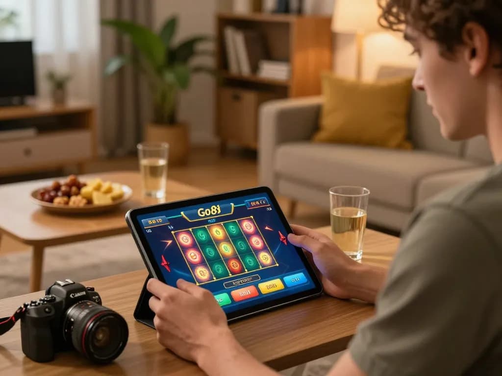 Player enjoying Go8 online casino game on tablet in cozy home setting with warm lighting.