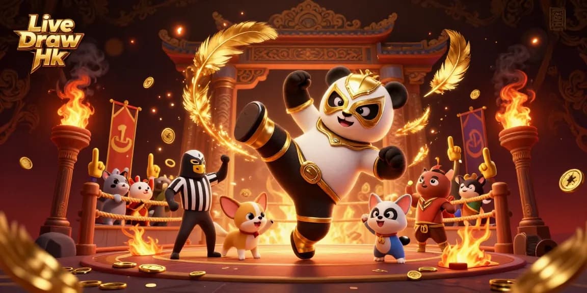 Engaging illustration showcasing Live Draw Hk excitement with a wrestling panda and cheering animal spectators.