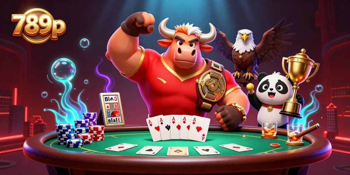 Engage with 789p's vibrant gaming scene featuring bull mascot, eagle, and panda celebrating poker success.