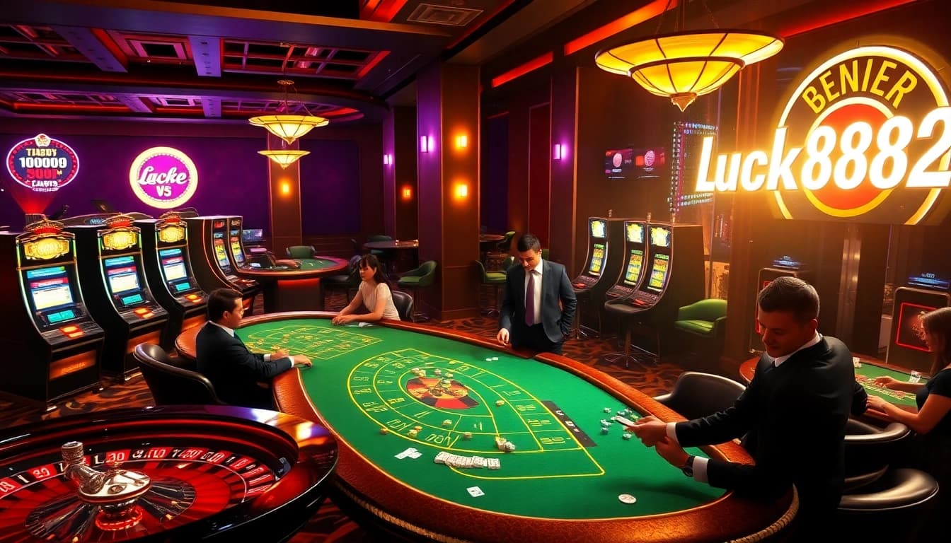 Excited players engaging with casino games at a luxurious Luck8882 table, showcasing vibrant slot machines and roulette wheels.