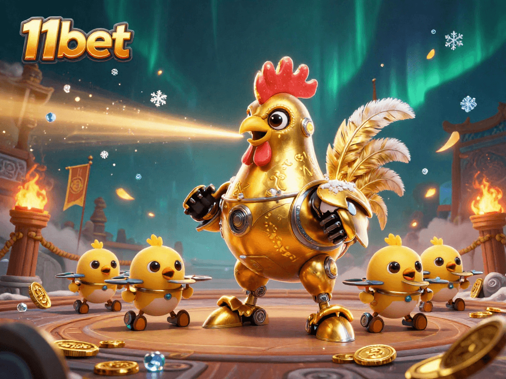 Experience thrilling action with the golden rooster robot and baby chick drones at 11bet casino!