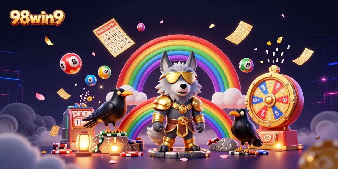 Experience thrilling gaming at 98win9, with vibrant elements and characters celebrating winning moments.