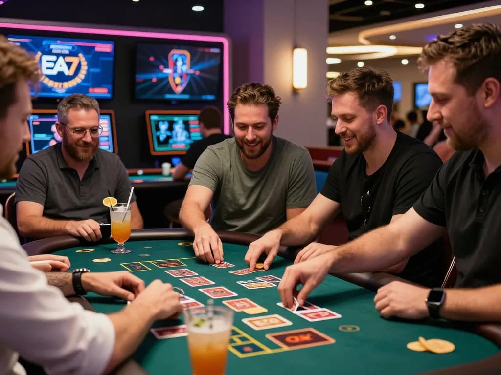 EA77 gamers engaged in exciting live casino gameplay surrounded by vibrant lights and friendly interactions.