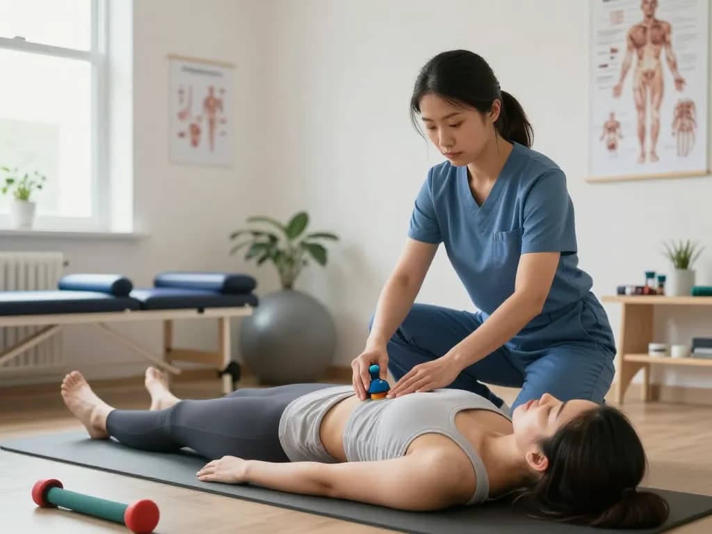 Engaged physiotherapist demonstrating effective pelvic floor exercises at https://pelvi-care.de/ with specialized equipment in a bright clinic.