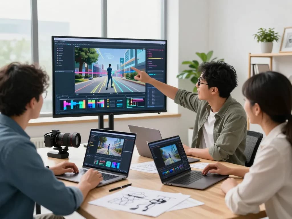 Collaborative workspace showcasing motion AI project development with a diverse team creating animated content.
