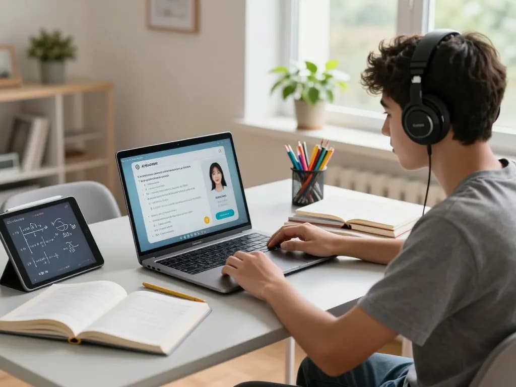 Student, der Hausaufgaben KI kostenlos an einem Schreibtisch mit ansprechenden Ressourcen nutzt.