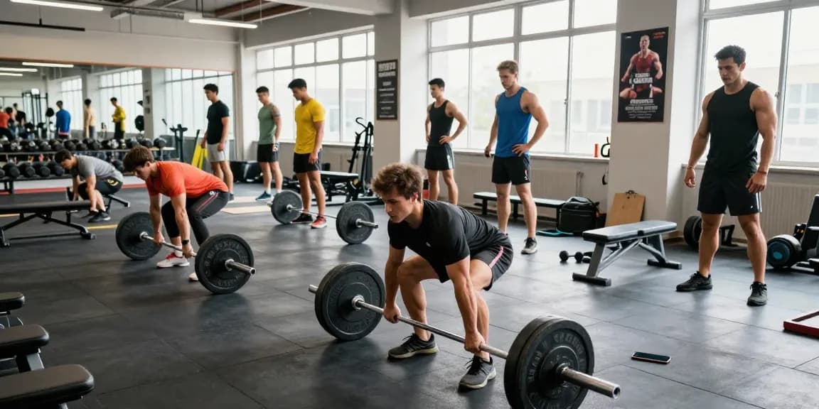 Kraftsportler, die in einem modernen Fitnessstudio trainieren, betonen Gemeinschaft und Stärke bei Steroidshop