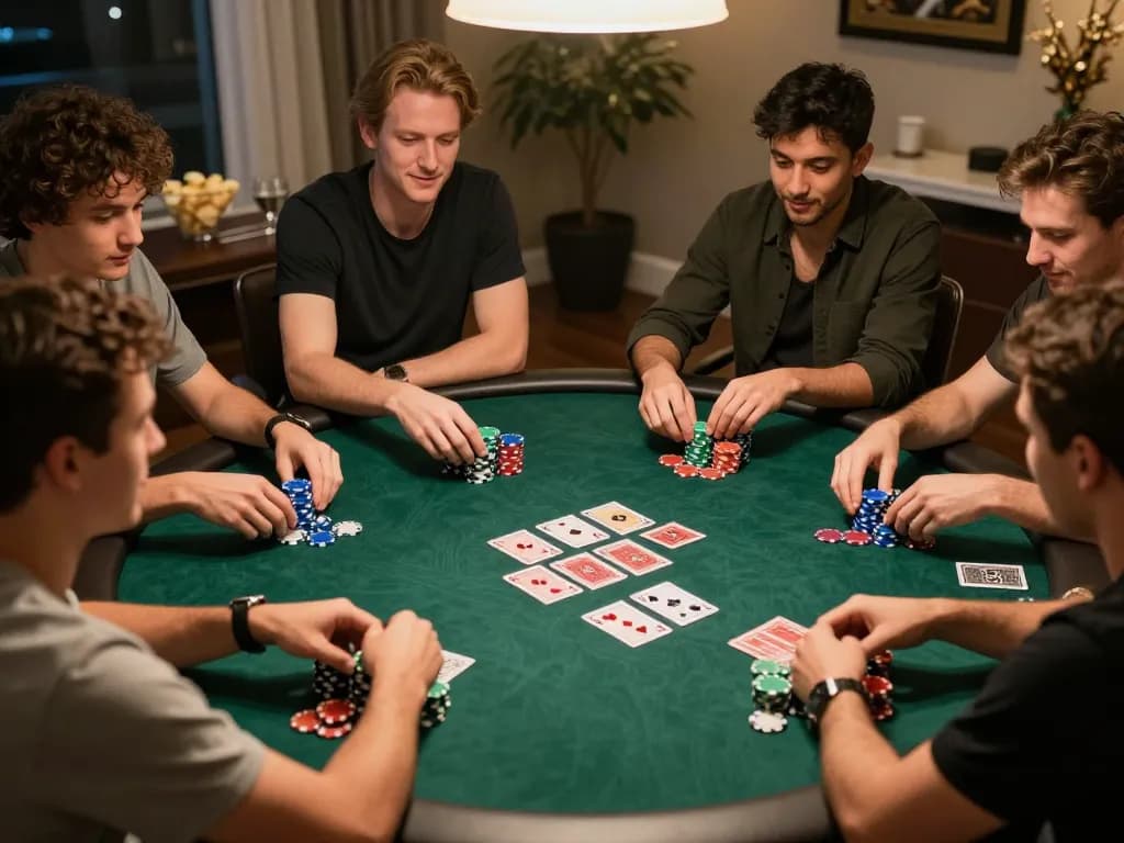 Friends enjoying a thrilling poker night at LLwin center, discussing strategies and betting.