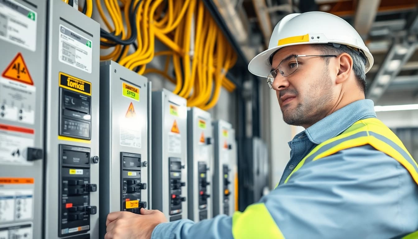 Prüfung ortsfester elektrischer Anlagen durch einen Techniker in einer Industrieumgebung.