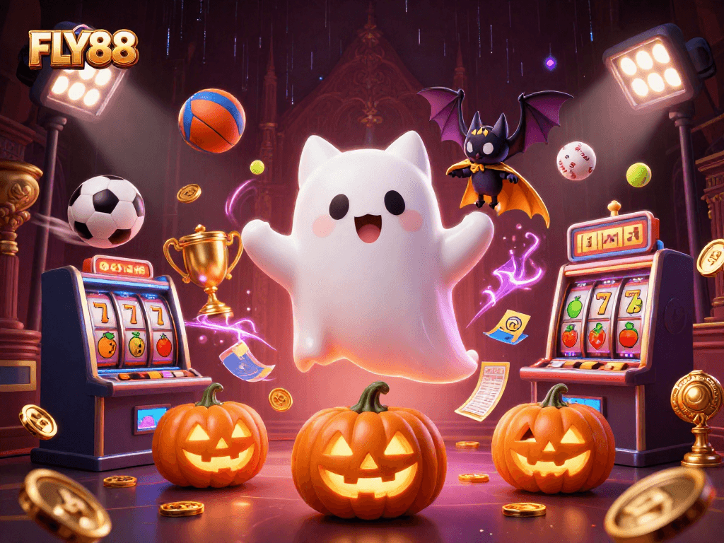 FLY88 offers thrilling slot games with a ghost cat navigating through a haunted casino.