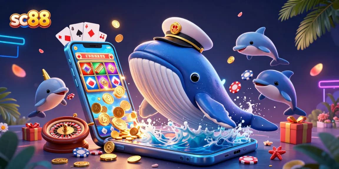 Engage with sc88's captivating casino adventure featuring a whale and dolphins surrounded by coins and games.