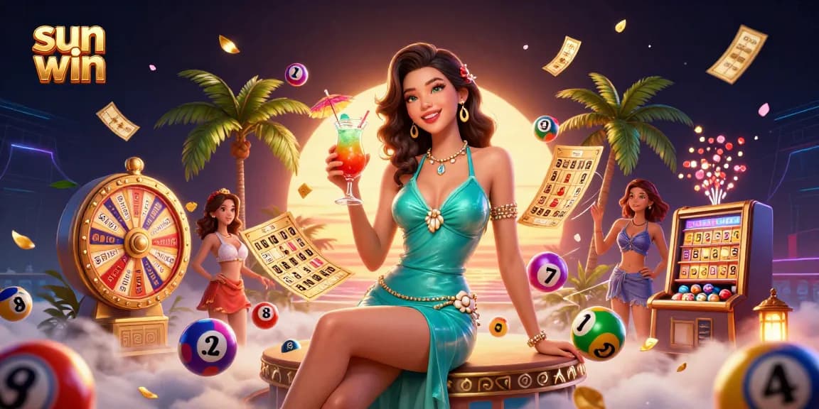 Experience sun win excitement with vibrant characters and dynamic casino elements in a tropical setting.