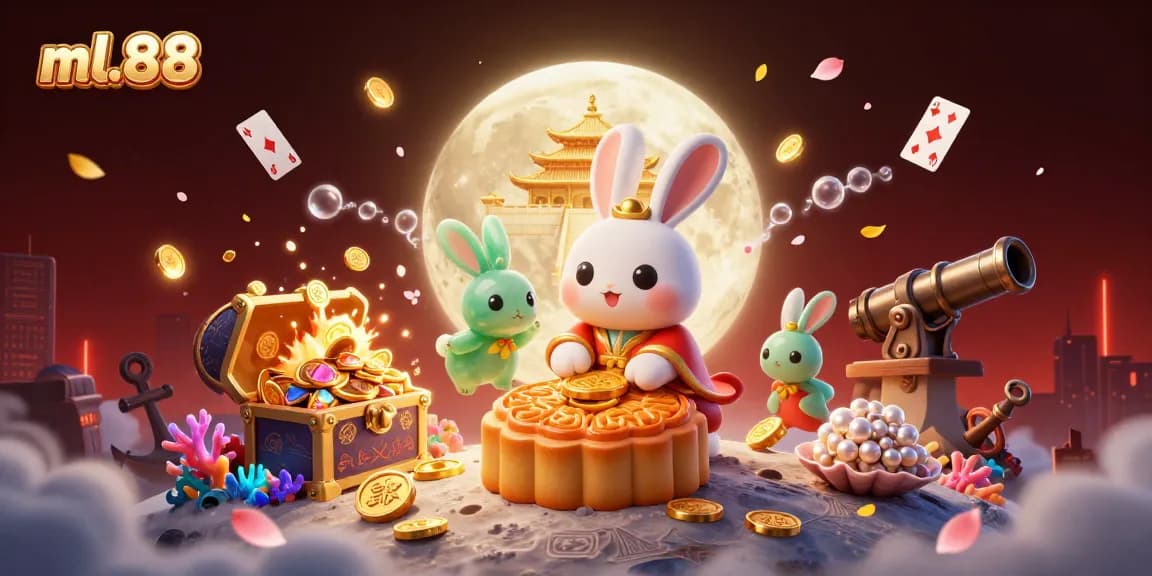 Engage with ml.88's casino world through a vibrant lunar scene rich in poker-themed elements.