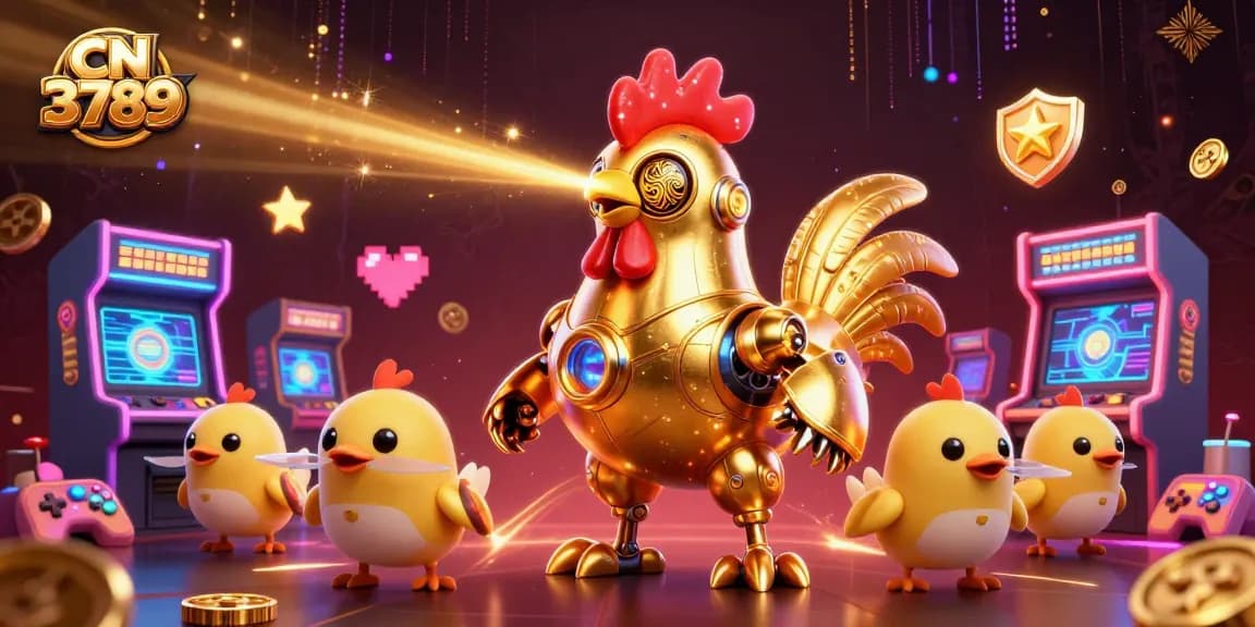 Engage with CN 3789's vibrant casino world featuring golden rooster robots and colorful gaming machines.
