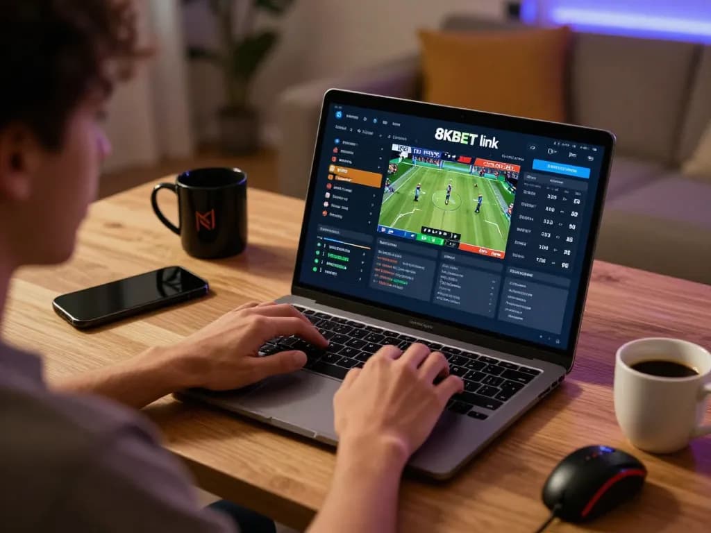 Engaging bet placement on sports events with 8KBET link displayed in user's online setup for seamless betting experience