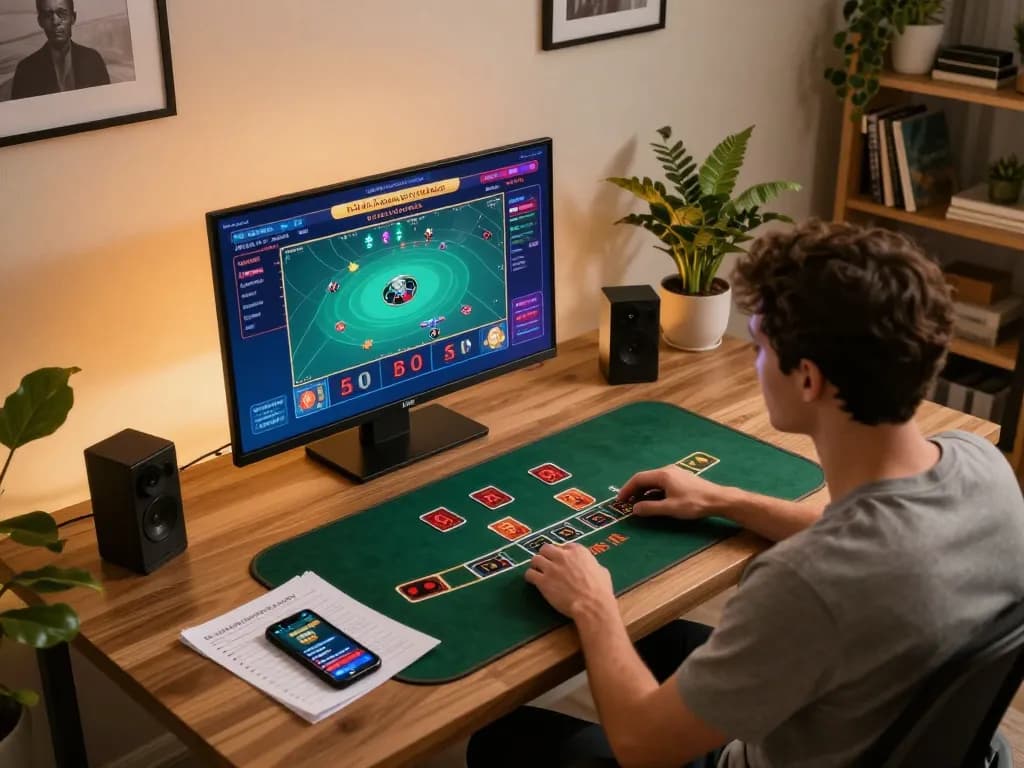 Player engaging with nhà cái uy tín OK8386 in a stylish home gaming setup, highlighting online blackjack excitement.
