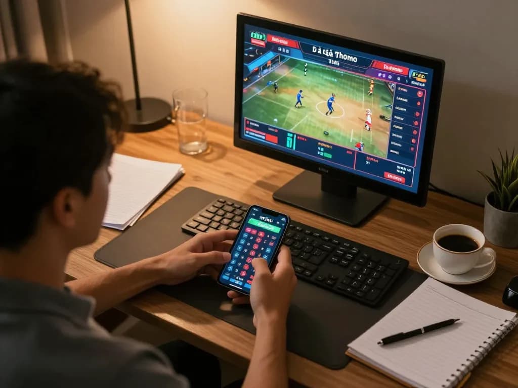 Engaging in Đá Gà Thomo live betting action on smartphone in a cozy home office.