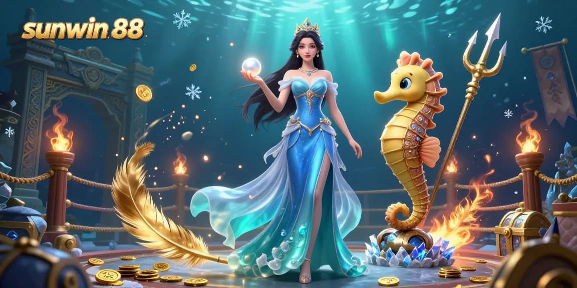 Engage in the magical underwater realm of sunwin 88 where a dazzling woman and a seahorse king unite amidst treasures.