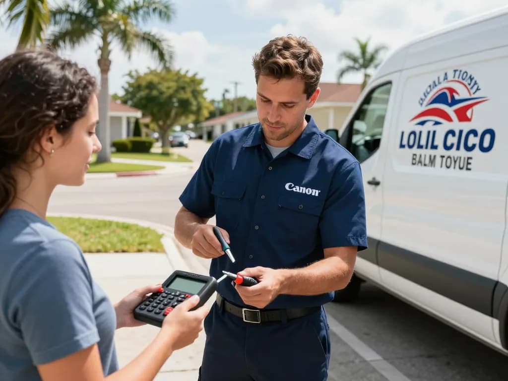 Skilled locksmith palm city fl aiding customer in car lockout with professional tools in sunny suburban setting.