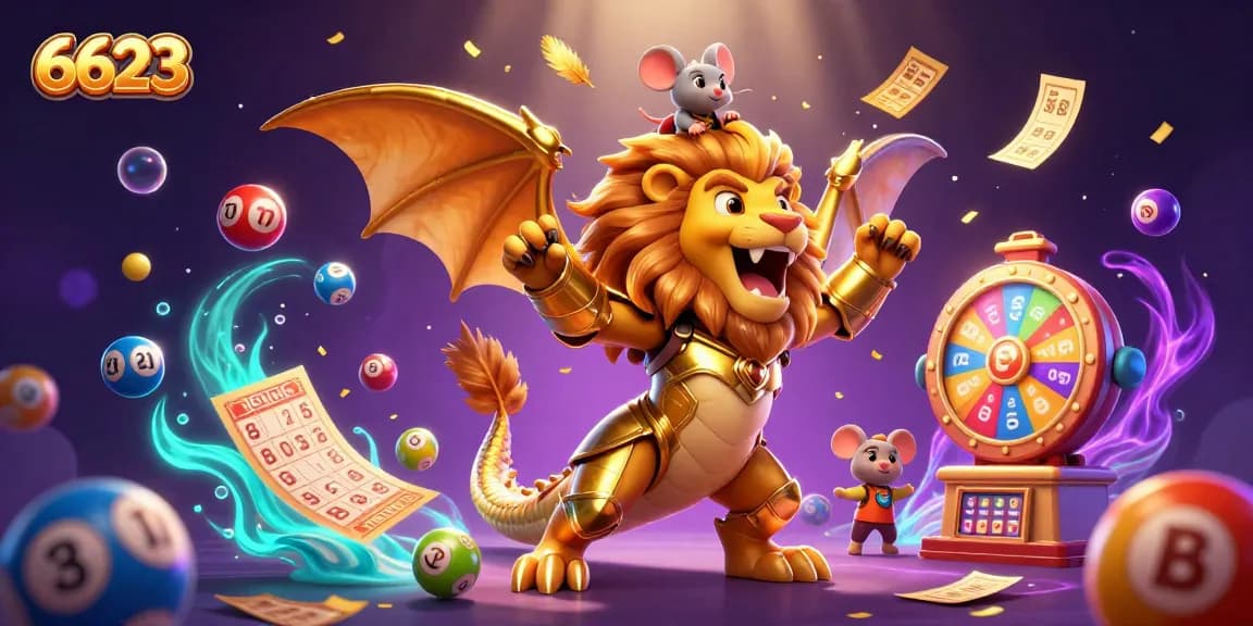 Engage with 6623 in vibrant casino-themed scenery surrounded by dynamic lottery elements.