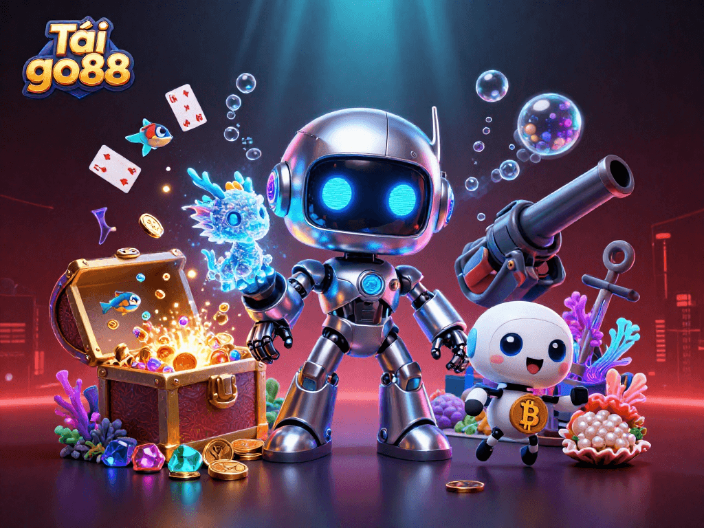 Experience excitement with Tải go88 in a vibrant 3D casino illustration featuring futuristic mascots and dynamic gaming elements.