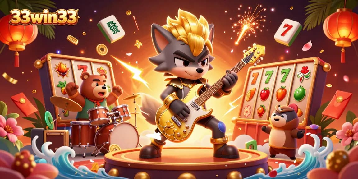 Experience the thrill of 33win33 with a dynamic 3D wolf and bear illustration celebrating casino gaming.
