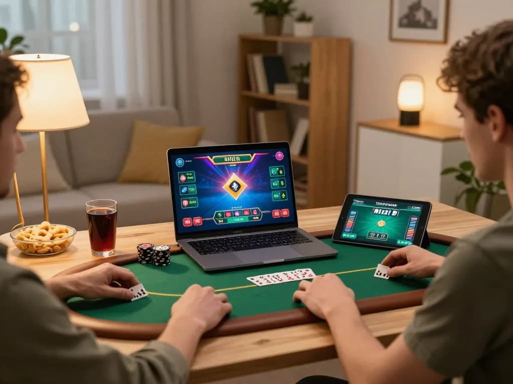 Engaging poker gameplay at home through 789bethv platform on laptop, showcasing vibrant betting interface.
